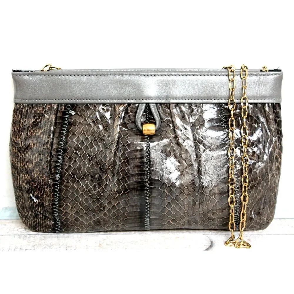 VTG MARGOLIN OLIVE GRAY SNAKE GENUINE LEATHER CHAIN CLUTCH ENVELOPE SHOULDER BAG